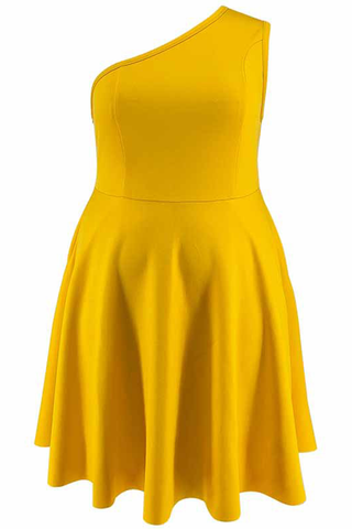 Yellow Casual Solid Color Patchwork Oblique Collar A Line Plus Size Dresses