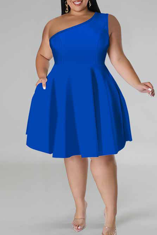Yellow Casual Solid Color Patchwork Oblique Collar A Line Plus Size Dresses