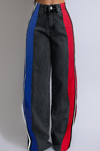Blue Red Casual Contrast Mid Waist Loose Denim Jeans