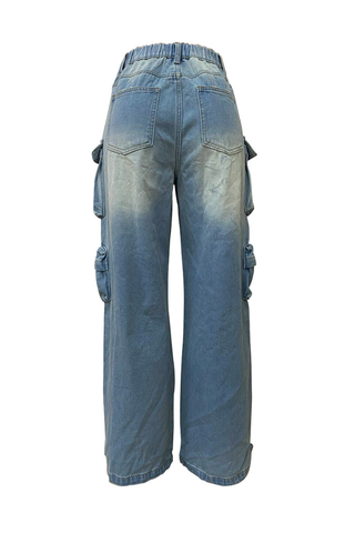 Baby Blue Casual Solid Color Pocket Mid Waist Loose Denim Jeans