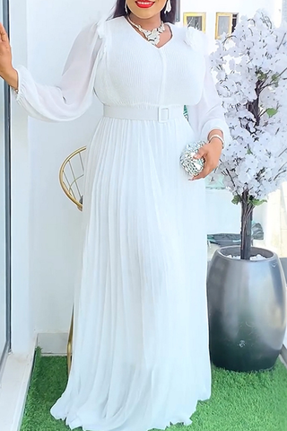 White Elegant Solid Color With Belt Pleated V Neck Long Plus Size Dresses