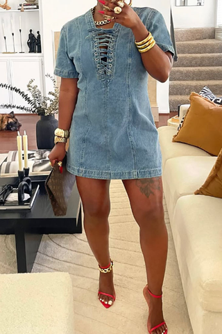 Blue Casual Solid Color Cross Straps O Neck Short Sleeve Straight Denim Dresses