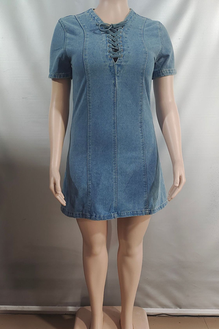 Blue Casual Solid Color Cross Straps O Neck Short Sleeve Straight Denim Dresses