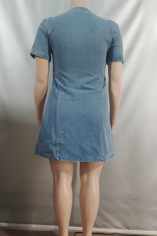Blue Casual Solid Color Cross Straps O Neck Short Sleeve Straight Denim Dresses