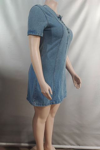 Blue Casual Solid Color Cross Straps O Neck Short Sleeve Straight Denim Dresses