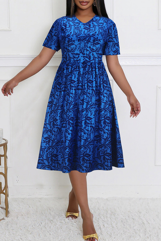 Blue Casual Print Patchwork V Neck Long Plus Size Dresses