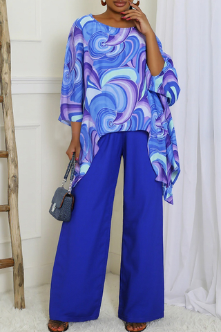 Blue Casual Print Patchwork O Neck Three Quarter Two Pieces