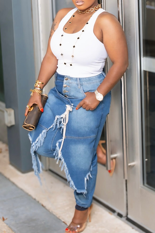 Blue Casual Solid Color Buckle High Waist Regular Denim Jeans