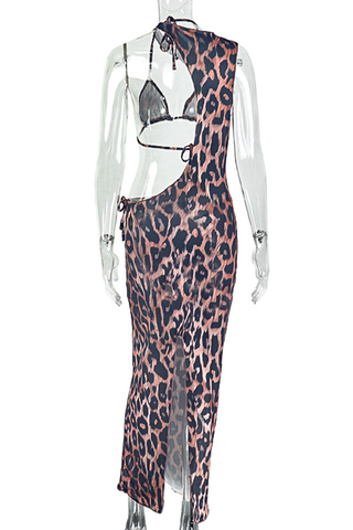 Leopard Print Sexy Leopard Print Hollow Out Halter Sleeveless Two Pieces