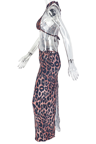 Leopard Print Sexy Leopard Print Hollow Out Halter Sleeveless Two Pieces