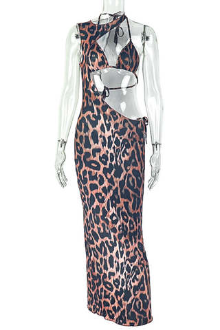 Leopard Print Sexy Leopard Print Hollow Out Halter Sleeveless Two Pieces