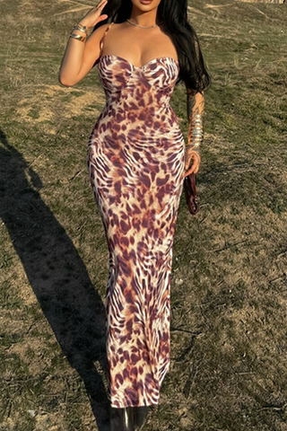 Leopard Print Sexy Print Patchwork Spaghetti Strap Long Dresses