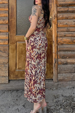 Leopard Print Sexy Print Patchwork Spaghetti Strap Long Dresses
