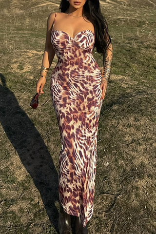 Leopard Print Sexy Print Patchwork Spaghetti Strap Long Dresses