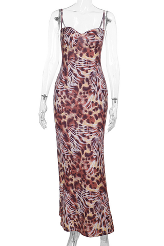Leopard Print Sexy Print Patchwork Spaghetti Strap Long Dresses