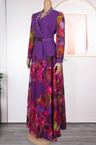 Purple Elegant Print With Belt V Neck Plus Size Two Pieces