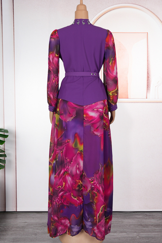 Purple Elegant Print With Belt V Neck Plus Size Two Pieces