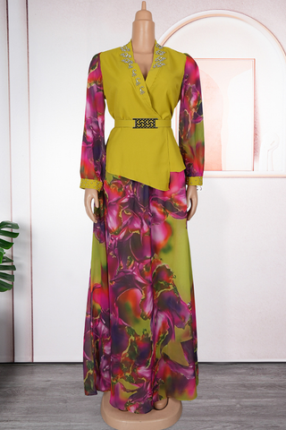 Purple Elegant Print With Belt V Neck Plus Size Two Pieces