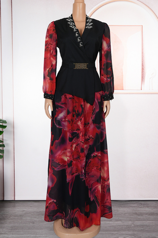 Purple Elegant Print With Belt V Neck Plus Size Two Pieces