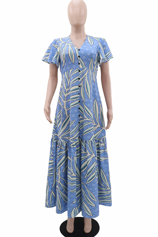 Sky Blue Elegant Print Buckle V Neck Long Dresses