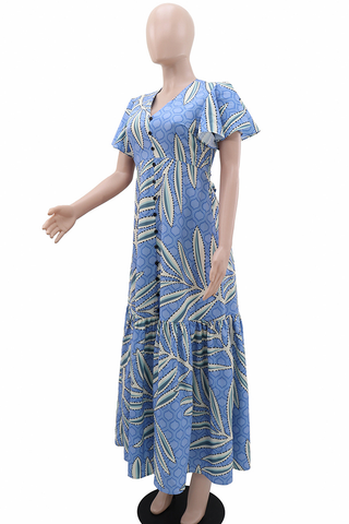 Sky Blue Elegant Print Buckle V Neck Long Dresses