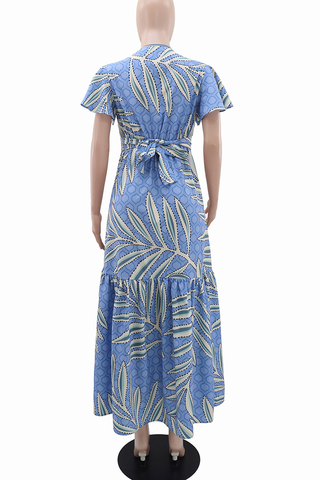 Sky Blue Elegant Print Buckle V Neck Long Dresses