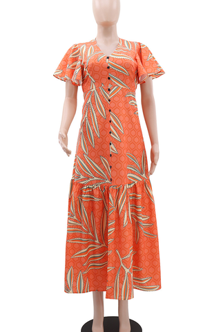 Sky Blue Elegant Print Buckle V Neck Long Dresses