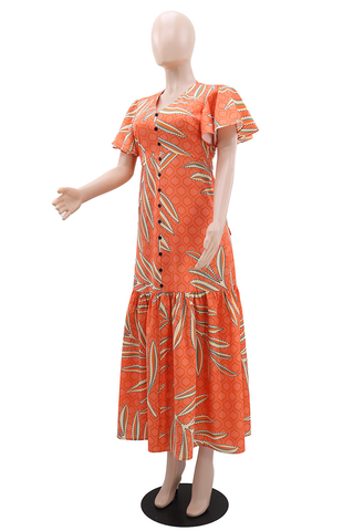 Sky Blue Elegant Print Buckle V Neck Long Dresses