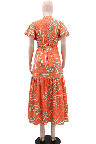 Sky Blue Elegant Print Buckle V Neck Long Dresses