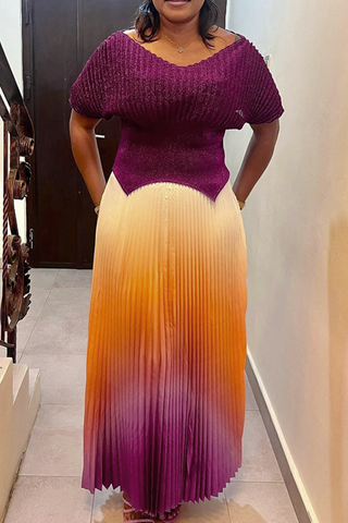 Green Elegant Gradient Pleated V Neck Half Sleeve Two Pieces