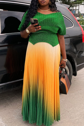 Green Elegant Gradient Pleated V Neck Half Sleeve Two Pieces