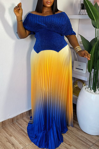 Green Elegant Gradient Pleated V Neck Half Sleeve Two Pieces