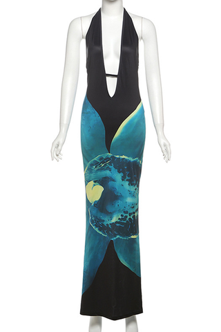 Green Sexy Print Hollow Out Slit Halter Long Dresses