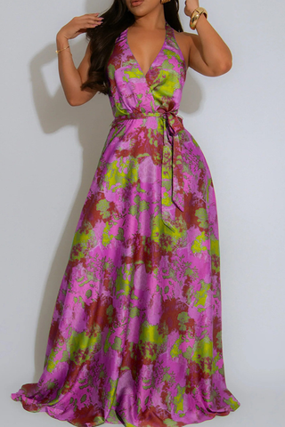 Green Elegant Print Backless Strap Design Halter Long Dresses