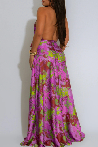 Blue Elegant Print Backless Strap Design Halter Long Dresses