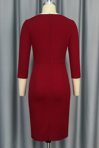 Burgundy Elegant Buttons Contrast O Neck Wrapped Skirt Dresses