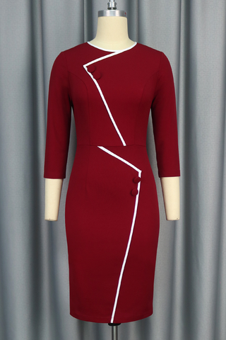 Burgundy Elegant Buttons Contrast O Neck Wrapped Skirt Dresses