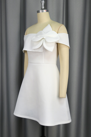 White Elegant Solid Color Flowers Off Shoulder A Line Dresses