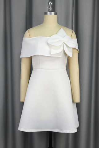 White Elegant Solid Color Flowers Off Shoulder A Line Dresses