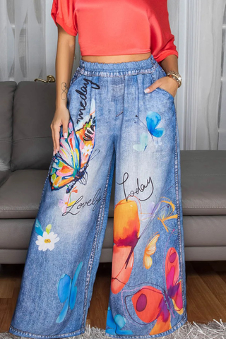 Blue Casual Print Pocket Loose Denim Jeans