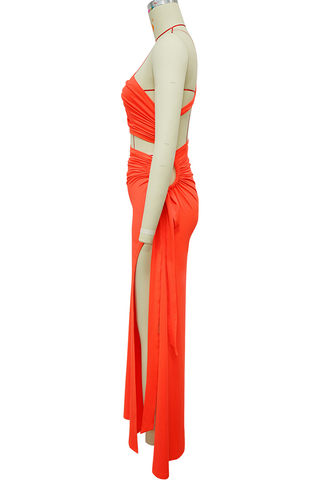 Black Sexy Solid Color High Slit Ruched Asymmetrical Collar Long Dresses
