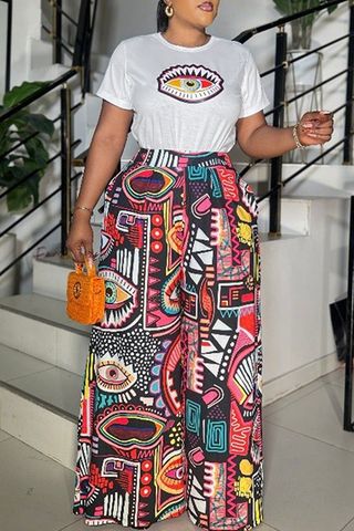 Multi-color Casual Print O Neck Short Sleeve Two Pieces