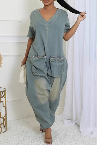 Peacock Blue Casual Solid Color Pocket Zipper V Neck Loose Jumpsuits