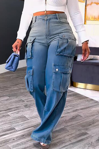 Blue Casual Gradient Pocket Mid Waist Loose Denim Jeans