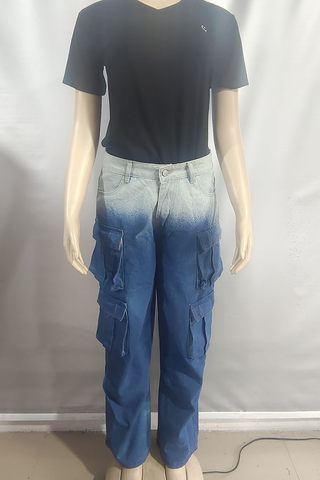 Blue Casual Gradient Pocket Mid Waist Loose Denim Jeans