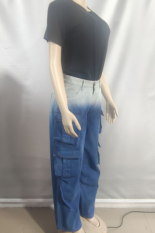 Blue Casual Gradient Pocket Mid Waist Loose Denim Jeans