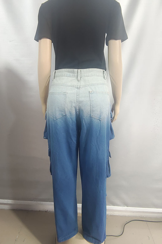 Blue Casual Gradient Pocket Mid Waist Loose Denim Jeans