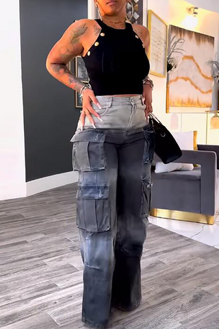 Blue Casual Gradient Pocket Mid Waist Loose Denim Jeans