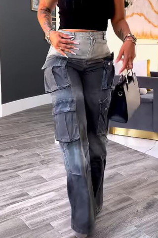 Blue Casual Gradient Pocket Mid Waist Loose Denim Jeans