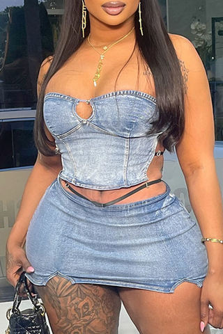 Blue Sexy Solid Color Backless Zipper Strapless Sleeveless Two Pieces